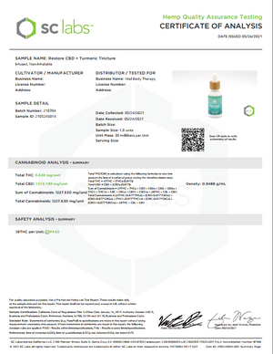 Restore: CBD + Turmeric Tincture (1 oz. / 1200 mg) | Vital Body Therapeutics